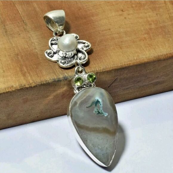 Unique! Moss Agate Pearl Ethnic Handmade Pendant Jewelry 3.2" - Picture 1 of 1